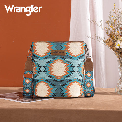 WG221-8360  Wrangler Aztec Distressed Print Dual Sided Print Crossbody-Turquoise