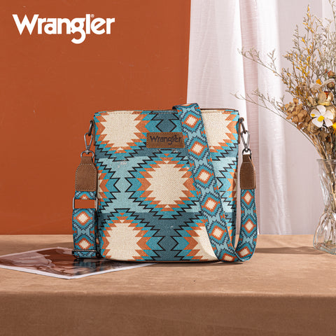 WG221-8360  Wrangler Aztec Distressed Print Dual Sided Print Crossbody-Turquoise