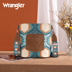 WG221-8360  Wrangler Aztec Distressed Print Dual Sided Print Crossbody-Turquoise