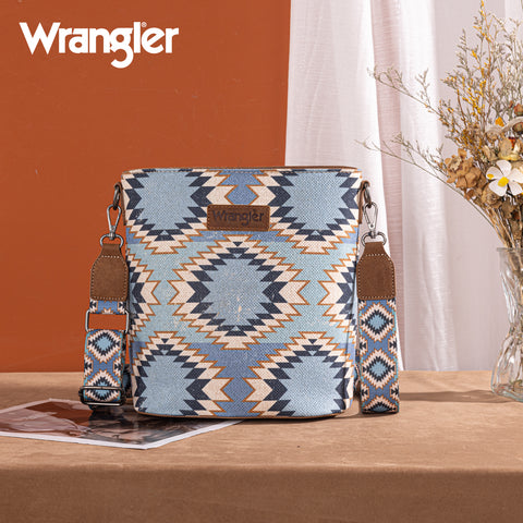 WG221-8360  Wrangler Aztec Distressed Print Dual Sided Print Crossbody-Jean