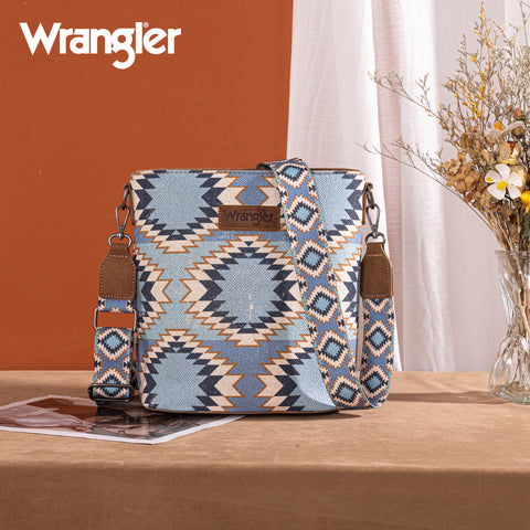 WG221-8360  Wrangler Aztec Distressed Print Dual Sided Print Crossbody-Jean