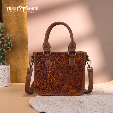 TR192-8800  Trinity Ranch Floral Tooled Collection Mini Tote/Crossbody Brown