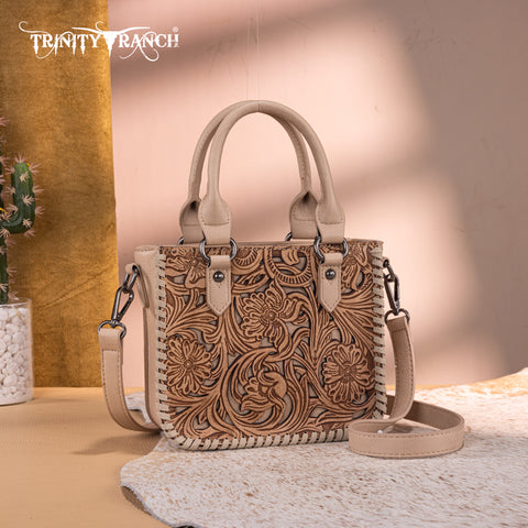 TR192-8800  Trinity Ranch Floral Tooled Collection Mini Tote/Crossbody -Tan