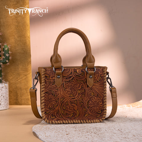 TR192-8800  Trinity Ranch Floral Tooled Collection Mini Tote/Crossbody - Light Brown