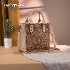 TR192-8368  Trinity Ranch Floral Tooled Collection Tote/Crossbody- Tan