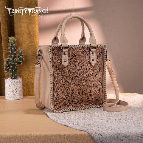 TR192-8368  Trinity Ranch Floral Tooled Collection Tote/Crossbody- Tan