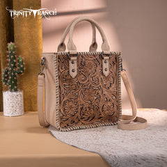 TR192-8368  Trinity Ranch Floral Tooled Collection Tote/Crossbody- Tan