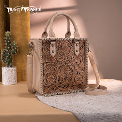 TR192-8368  Trinity Ranch Floral Tooled Collection Tote/Crossbody- Tan