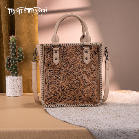 TR192-8368  Trinity Ranch Floral Tooled Collection Tote/Crossbody- Tan
