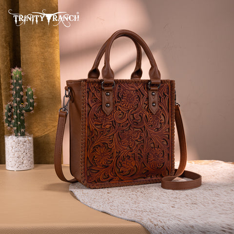 TR192-8368  Trinity Ranch Floral Tooled Collection Tote/Crossbody- Brown