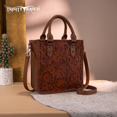 TR192-8368  Trinity Ranch Floral Tooled Collection Tote/Crossbody- Brown