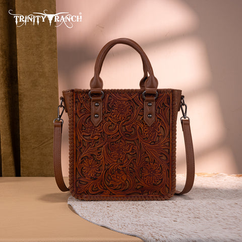 TR192-8368  Trinity Ranch Floral Tooled Collection Tote/Crossbody- Brown