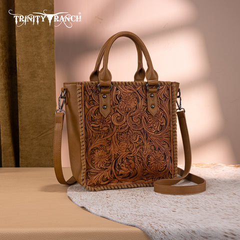 TR192-8368  Trinity Ranch Floral Tooled Collection Tote/Crossbody-Light Brown