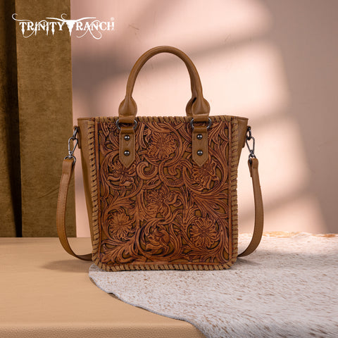 TR192-8368  Trinity Ranch Floral Tooled Collection Tote/Crossbody-Light Brown