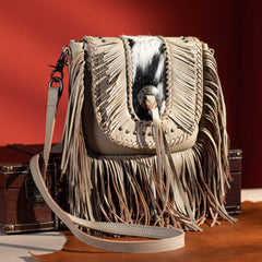 MWR-054 Montana West Genuine Leather Hair-On Cowhide Fringe Bohemian Crossbody-Tan