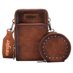 WG117-207 Wrangler Crossbody Cell Phone Purse 3 Zippered Compartment with Coin Pouch -Brown