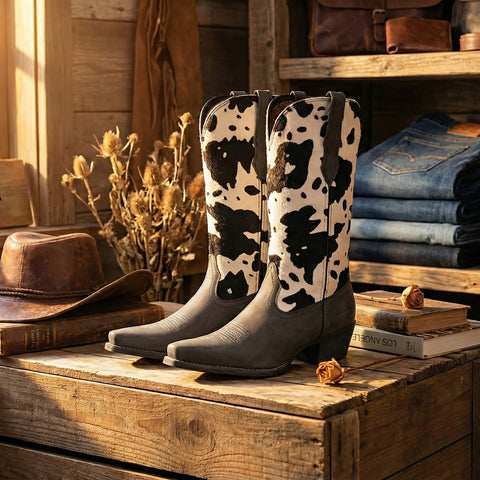 MWB6001  Montana West Women's Western Cow Print Cowgirl Boots - Full Grain Leather, Snip Toe
