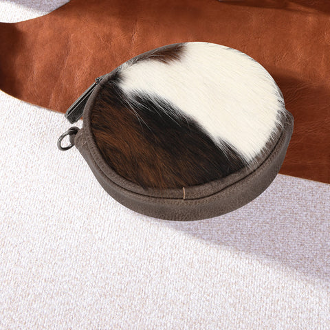 WG116-002  Wrangler Genuine Hair On Cowhide Circular Coin Pouch Bag Charm - Coffee