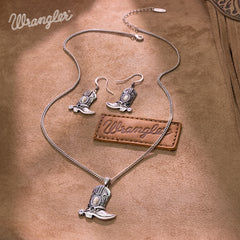 WNS2-2000S  Wrangler Jewelry Silver Boots Pendant Necklace Earrings Set - White