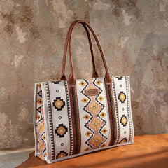 WG2202-8119 Wrangler Southwestern Pattern Dual Sided Print Canvas Wide Tote Coffee