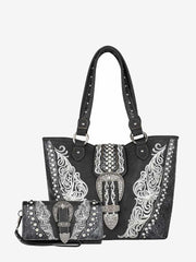 MW1079G-8317W   Montana West Buckle Collection Concealed Carry Tote Wallet Set - Black