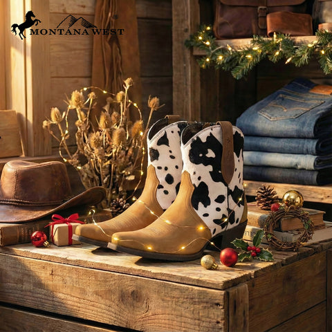 MWB6014   Montana West Women's Western Cow Print Cowgirl Boots - Full Grain Leather, Snip Toe