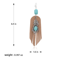 RCE-1134   Rustic Couture's  Silver Feather Turquoise Stone Suede Tassels Hook Statement Earrings