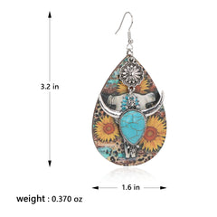 RCE-1125  Rustic Couture's  Long Horn Tear Drop Wood Painted Pattern  Earring