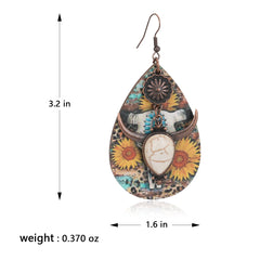 RCE-1125  Rustic Couture's  Long Horn Tear Drop Wood Painted Pattern  Earring