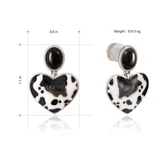 WGE-1129S  Wrangler Silver Cow Print Heart Shape Dangling Earrings - Black