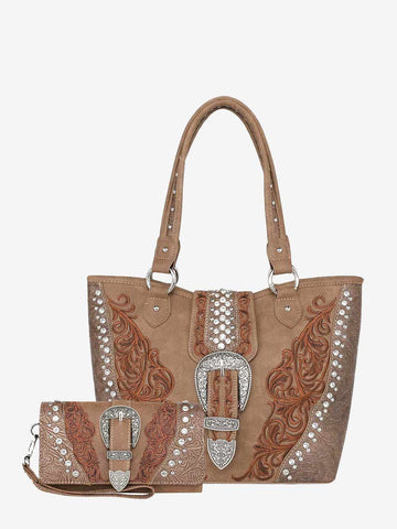 MW1079G-8317W   Montana West Buckle Collection Concealed Carry Tote Wallet Set - Brown