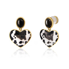 WGE-1129G  Wrangler Gold Cow Print Heart Shape Dangling Earrings -Black