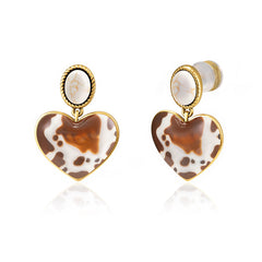 WGE-1129G  Wrangler Gold Cow Print Heart Shape Dangling Earrings -Beige