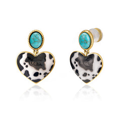 WGE-1129G  Wrangler Gold Cow Print Heart Shape Dangling Earrings - Turquoise