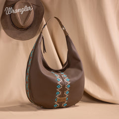 WG233-3027  Wrangler Aztec Embroidered Large Hobo Bag- Brown