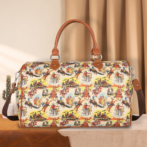 ABDF-1005BR (ABA-1005BR)  Montana West Rodeo Cowboy Print Canvas Weekender Bag