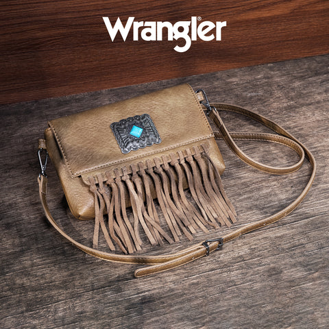 WG61-181  Wrangler Turquoise Stone Concho Fringe Clutch/Crossbody - Tan