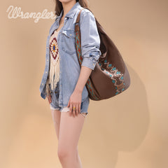 WG233-3027  Wrangler Aztec Embroidered Large Hobo Bag- Brown
