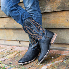 PLT-103606  Men's Embroidered Wide Toe Western Full Grain  Boots