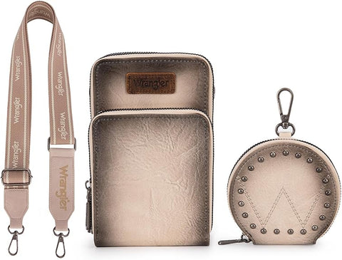 WG117-207 Wrangler Crossbody Cell Phone Purse 3 Zippered Compartment with Coin Pouch - Tan