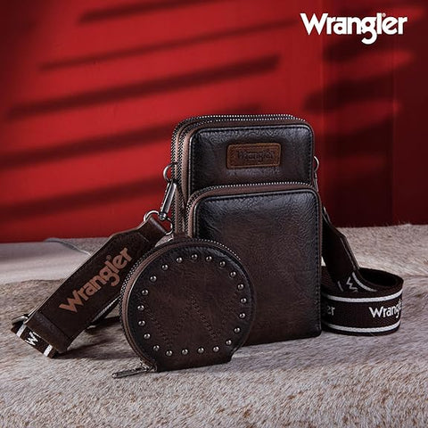 WG117-207 Wrangler Crossbody Cell Phone Purse 3 Zippered Compartment with Coin Pouch- Coffee