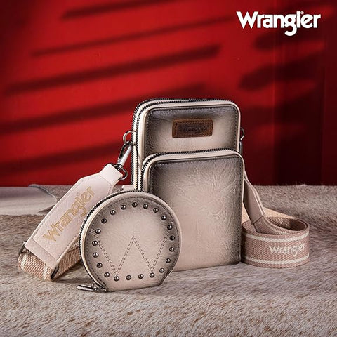 WG117-207 Wrangler Crossbody Cell Phone Purse 3 Zippered Compartment with Coin Pouch - Tan