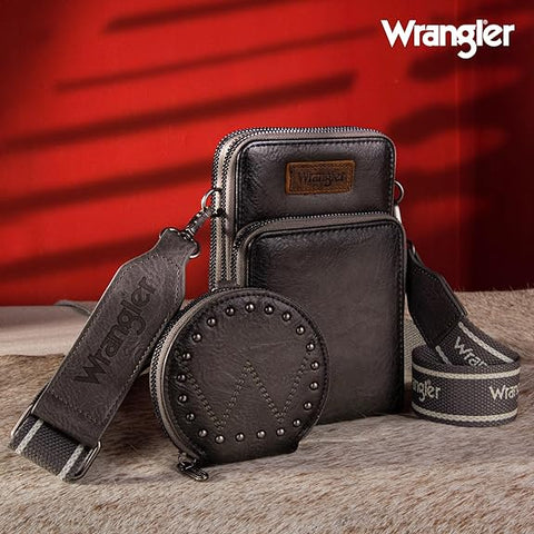 WG117-207 Wrangler Crossbody Cell Phone Purse 3 Zippered Compartment with Coin Pouch - Grey