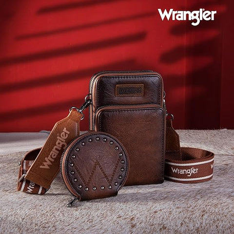 WG117-207 Wrangler Crossbody Cell Phone Purse 3 Zippered Compartment with Coin Pouch -Brown