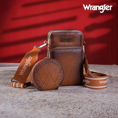 WG117-207 Wrangler Crossbody Cell Phone Purse 3 Zippered Compartment with Coin Pouch - Light Brown