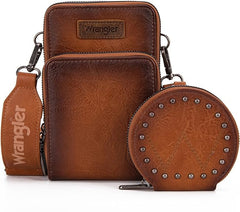 WG117-207 Wrangler Crossbody Cell Phone Purse 3 Zippered Compartment with Coin Pouch - Light Brown