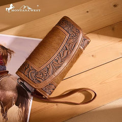 MW1360-W018   Montana West Hair-On Hide Tooled Wallet – Western Wristlet - Brown