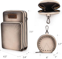 WG117-207 Wrangler Crossbody Cell Phone Purse 3 Zippered Compartment with Coin Pouch - Tan