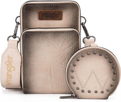 WG117-207 Wrangler Crossbody Cell Phone Purse 3 Zippered Compartment with Coin Pouch - Tan