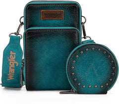 WG117-207 Wrangler Crossbody Cell Phone Purse 3 Zippered Compartment with Coin Pouch- Turquoise
